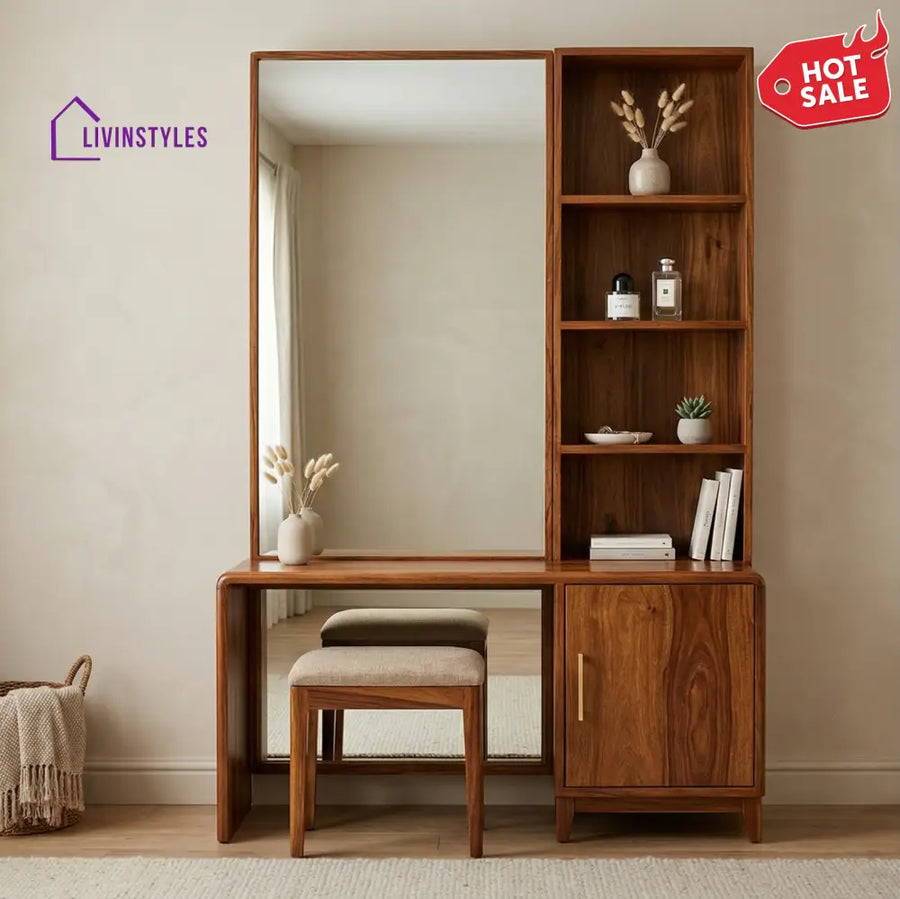 Joshua Sheesham Wood Dressing Table with Mirror and Storage (Honey Finish)