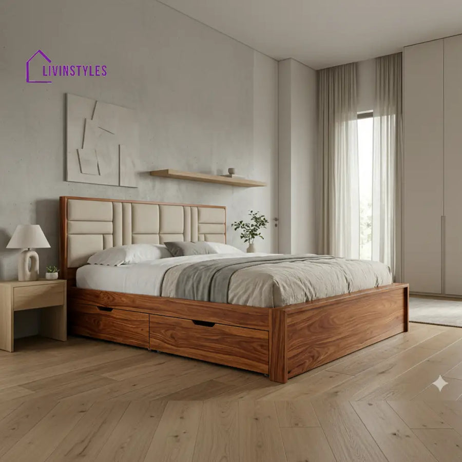 Jude Premium Sheesham Wood Bed with Fabric Headboard