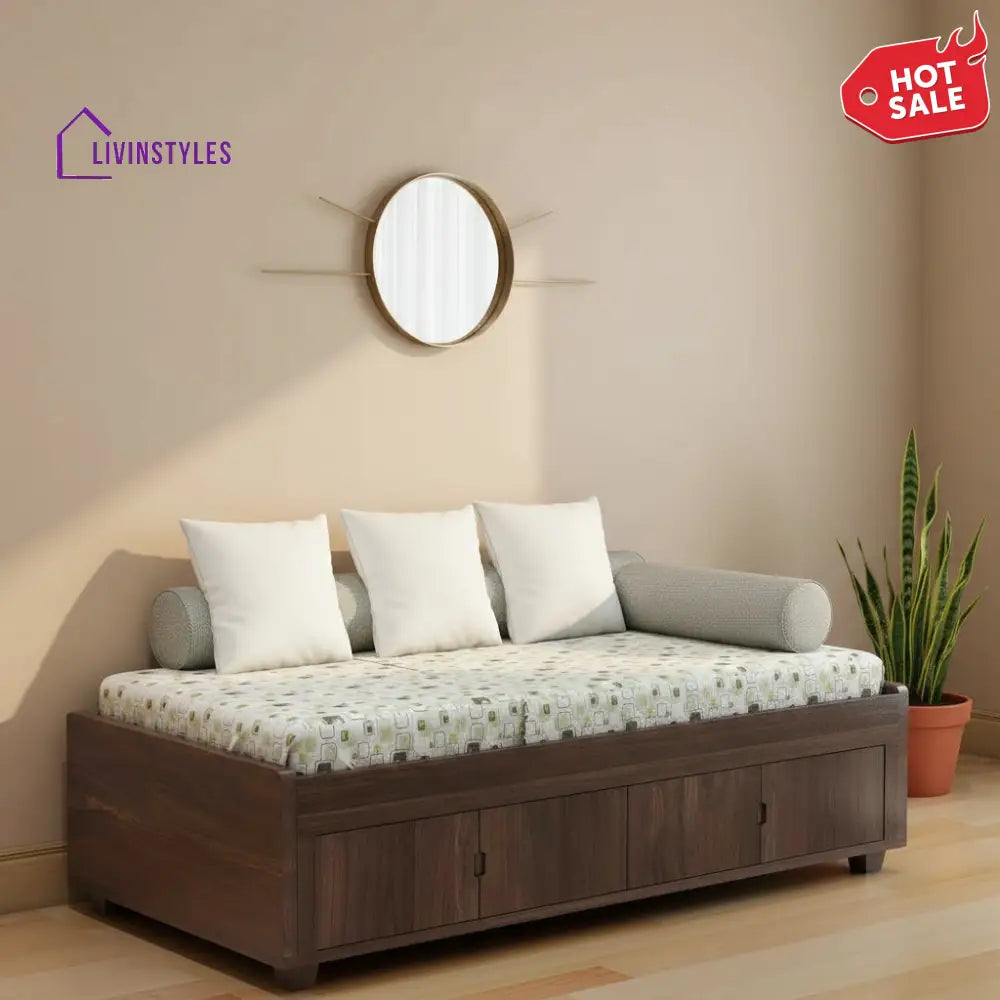 Judith Solid Sheesham Wood Single Bed Cum Day Bed With Door Storage (With Mattress Walnut Finish) Bed