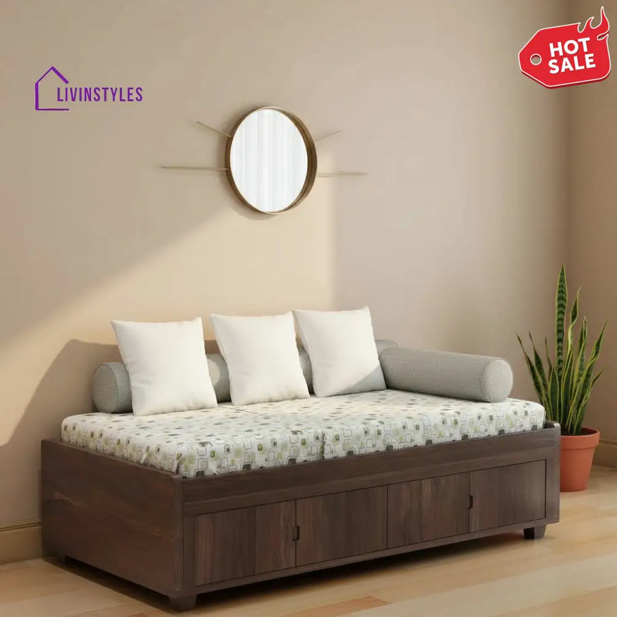 Judith Solid Sheesham Wood Single Bed Cum Day Bed With Door Storage (With Mattress Walnut Finish) Bed