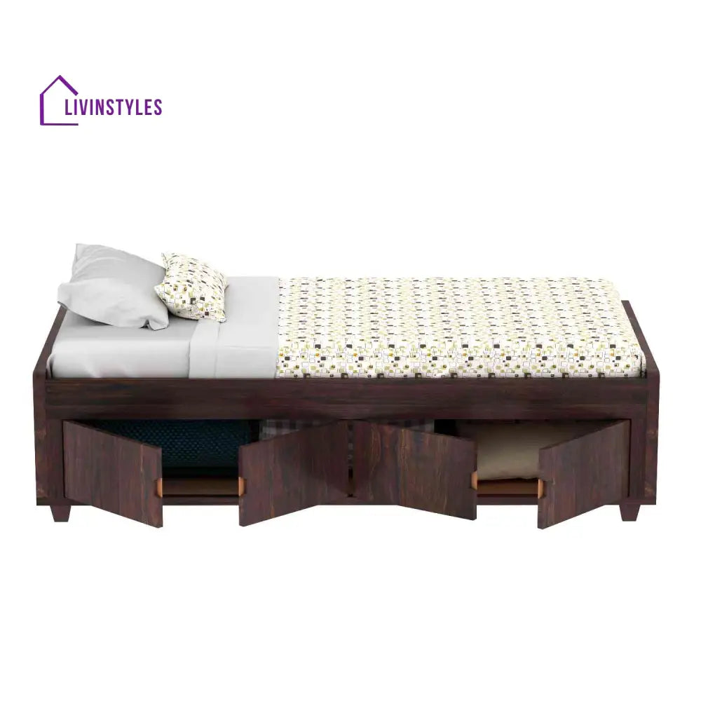 Judith Solid Sheesham Wood Single Bed Cum Day Bed With Door Storage (With Mattress Walnut Finish) Bed