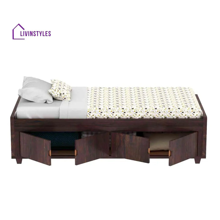 Judith Solid Sheesham Wood Single Bed Cum Day Bed With Door Storage (With Mattress Walnut Finish) Bed