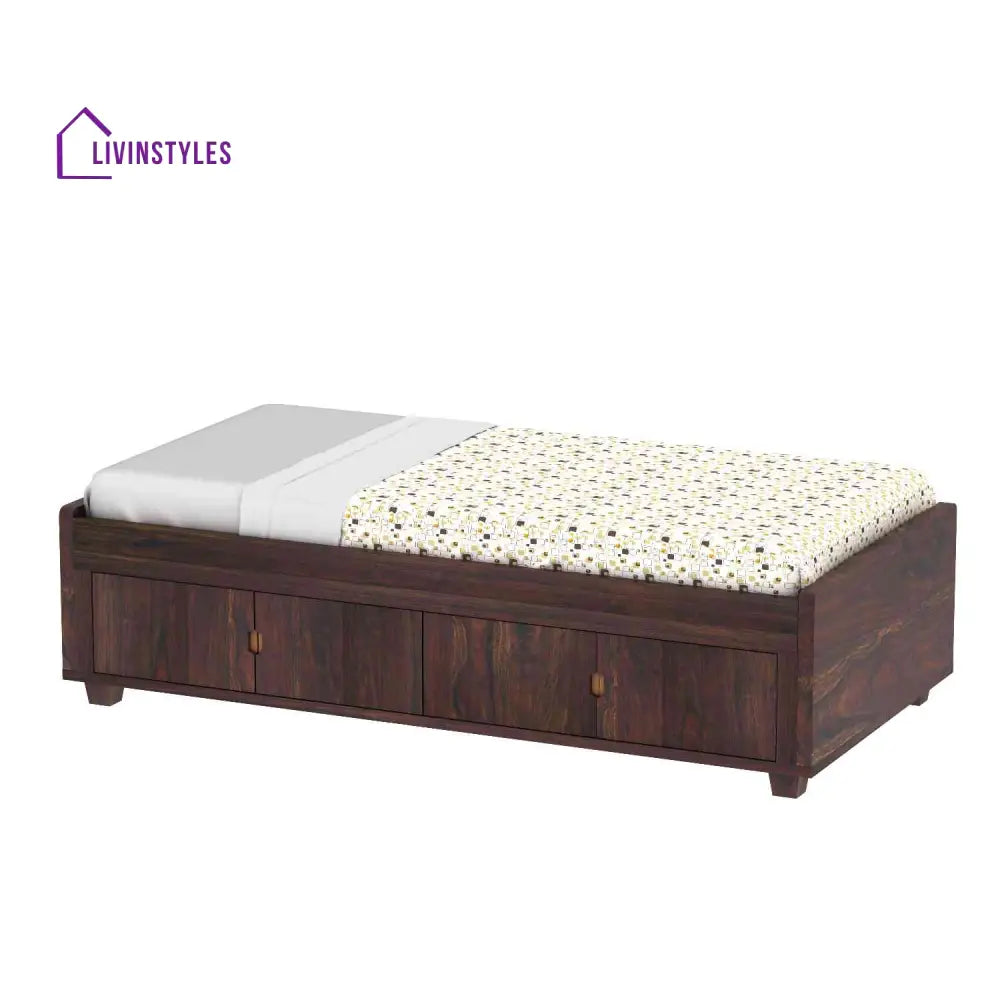 Judith Solid Sheesham Wood Single Bed Cum Day Bed With Door Storage (With Mattress Walnut Finish) Bed