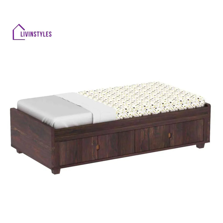 Judith Solid Sheesham Wood Single Bed Cum Day Bed With Door Storage (With Mattress Walnut Finish) Bed