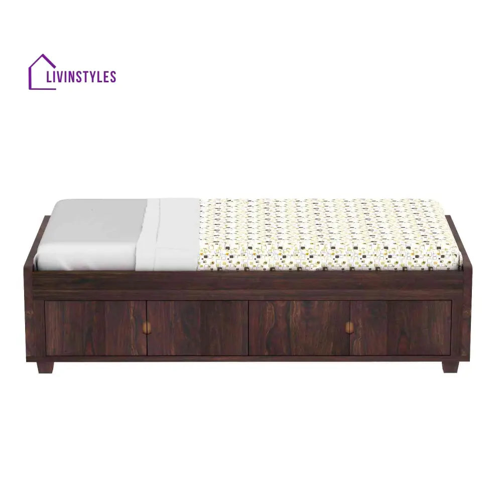 Judith Solid Sheesham Wood Single Bed Cum Day Bed With Door Storage (With Mattress Walnut Finish) Bed