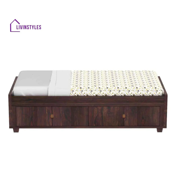 Judith Solid Sheesham Wood Single Bed Cum Day Bed With Door Storage (With Mattress Walnut Finish) Bed