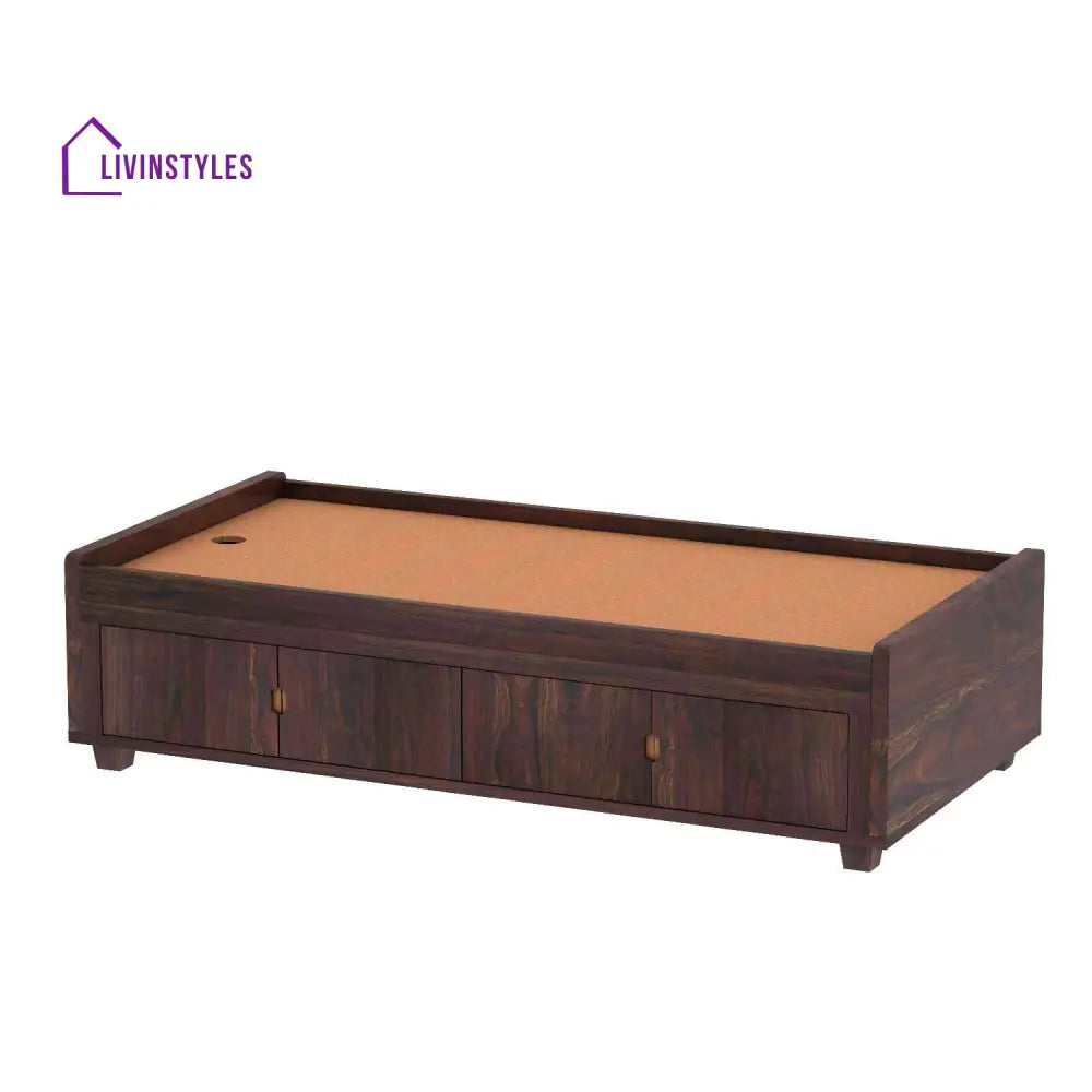 Judith Solid Sheesham Wood Single Bed Cum Day Bed With Door Storage (With Mattress Walnut Finish) Bed