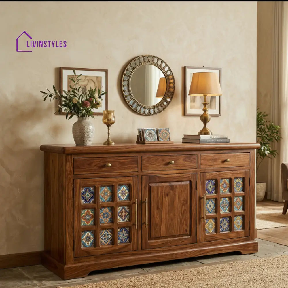 Julia Boho Sheesham Wood Storage Cabinet Sideboard With Three Drawers (Honey Finish)