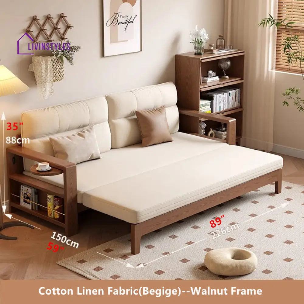 Multifunctional Retractable Sofa Bed with Wide Armrest and Storage Shelf WALNUT FRAME-BEIGE COVER FURNITURE