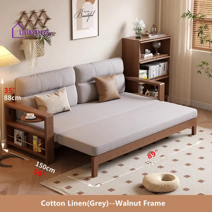 Multifunctional Retractable Sofa Bed with Wide Armrest and Storage Shelf WALNUT FRAME-GREY COVER FURNITURE