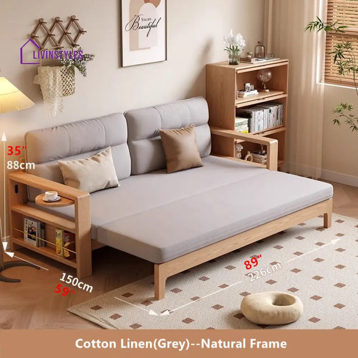 Multifunctional Retractable Sofa Bed with Wide Armrest and Storage Shelf NATURAL FRAME-GREY COVER FURNITURE