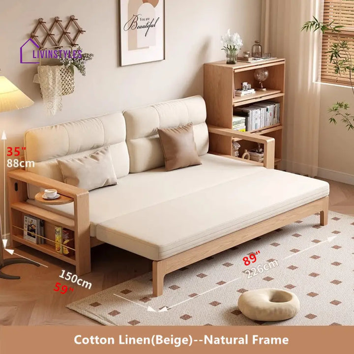 Multifunctional Retractable Sofa Bed with Wide Armrest and Storage Shelf NATURAL FRAME-BEIGE COVER FURNITURE