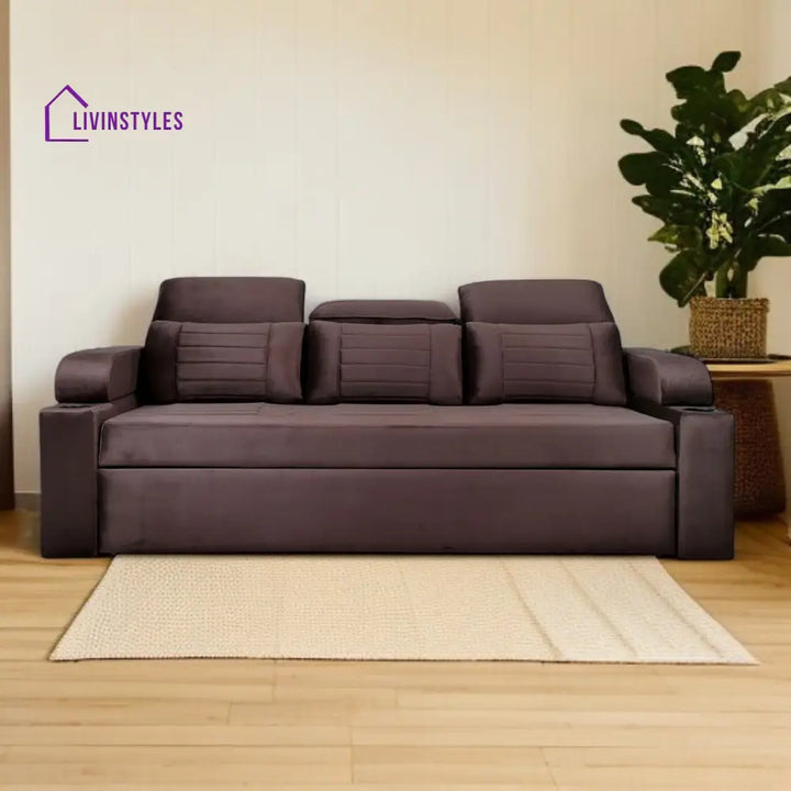 Cameo Velvet Sofa Cum Bed in Chocolate Brown Colour With Cup Holder