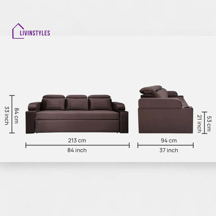 Cameo Velvet Sofa Cum Bed in Chocolate Brown Colour With Cup Holder