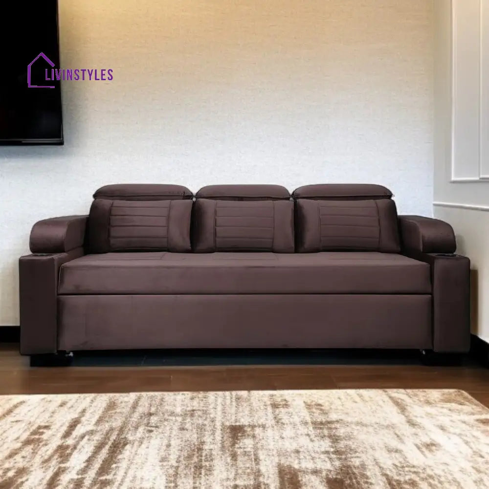 Cameo Velvet Sofa Cum Bed in Chocolate Brown Colour With Cup Holder