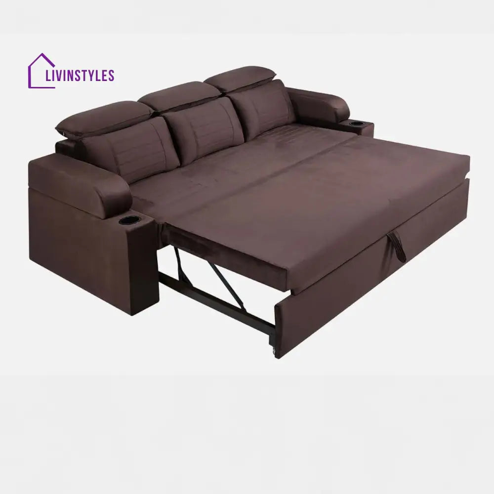 Cameo Velvet Sofa Cum Bed in Chocolate Brown Colour With Cup Holder