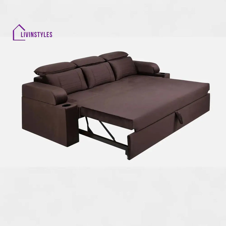 Cameo Velvet Sofa Cum Bed in Chocolate Brown Colour With Cup Holder