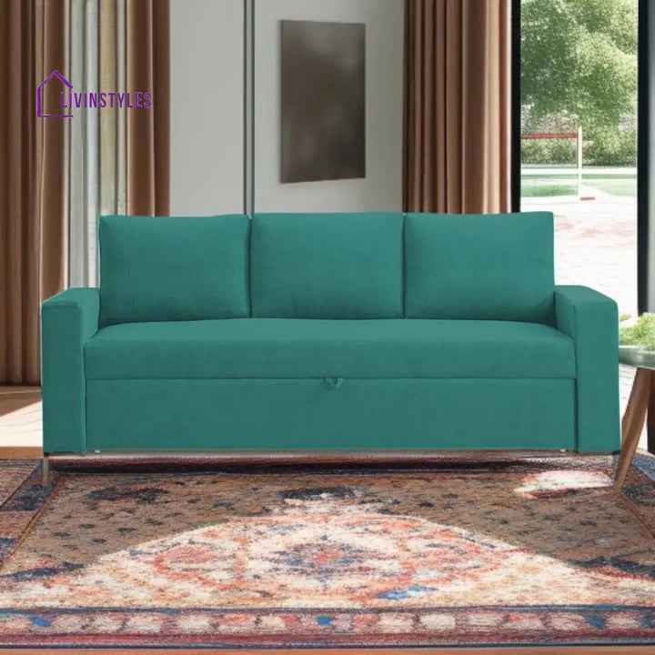 Kara Fabric 3 Seater Pull Out Sofa Cum Bed In Sea Green Colour