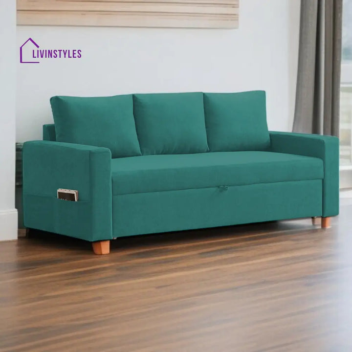 Kara Fabric 3 Seater Pull Out Sofa Cum Bed In Sea Green Colour