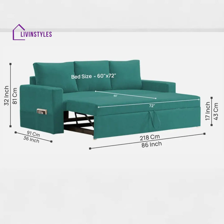 Kara Fabric 3 Seater Pull Out Sofa Cum Bed In Sea Green Colour