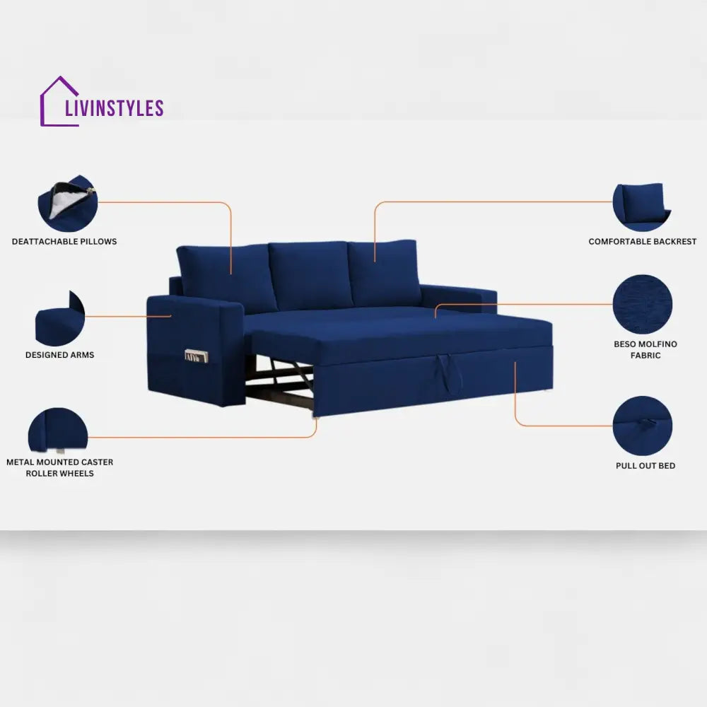 Kara Fabric 3 Seater Pull Out Sofa Cum Bed In Sea Green Colour