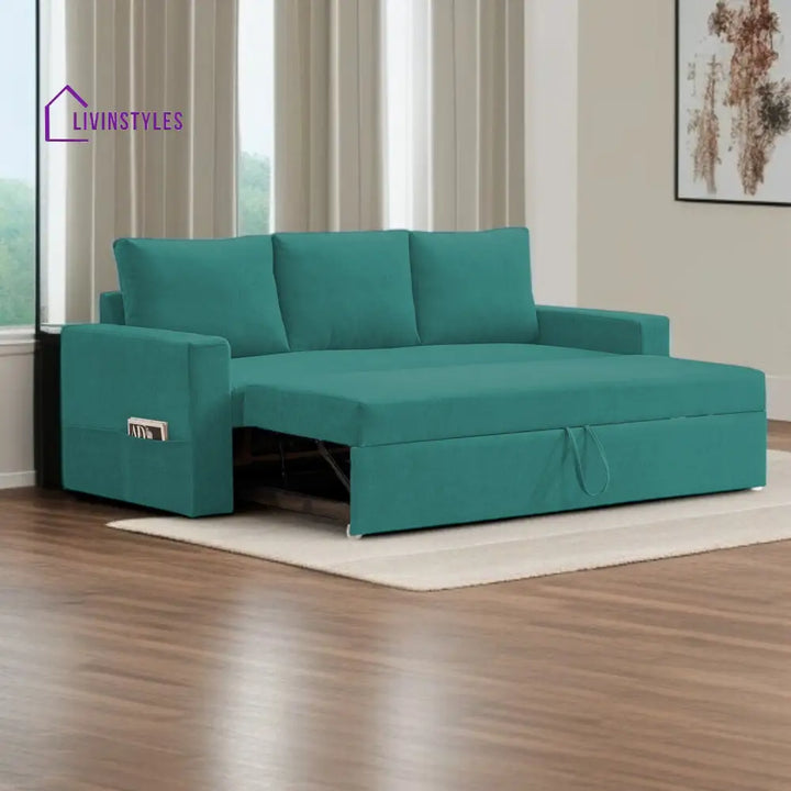 Kara Fabric 3 Seater Pull Out Sofa Cum Bed In Sea Green Colour