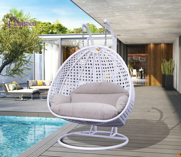 Juhi Double Seater Hanging Swing With Stand For Balcony | Garden (White) Taupe Swings