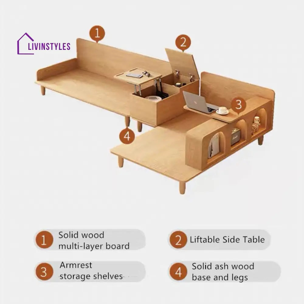 Japandi Solid Wood Sofa With Rotating Armrest Tray and Liftable End Table SOFA