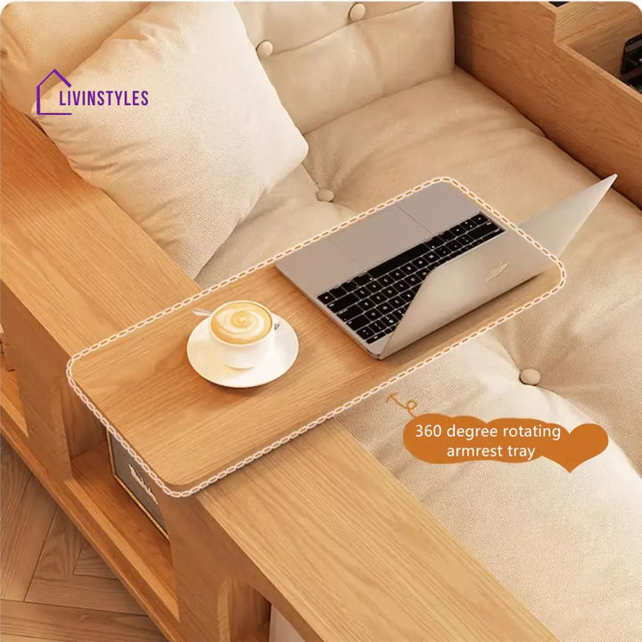 Japandi Solid Wood Sofa With Rotating Armrest Tray and Liftable End Table SOFA