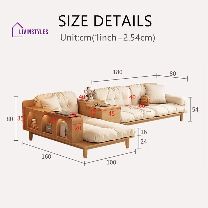 Japandi Solid Wood Sofa With Rotating Armrest Tray and Liftable End Table SOFA