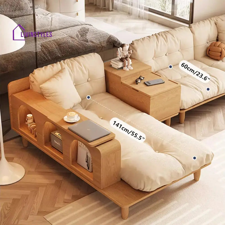 Japandi Solid Wood Sofa With Rotating Armrest Tray and Liftable End Table SOFA