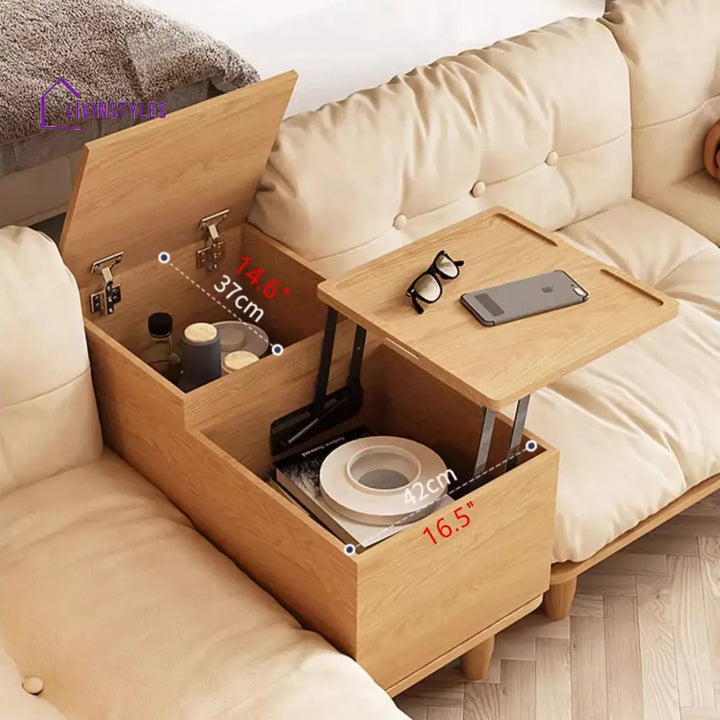 Japandi Solid Wood Sofa With Rotating Armrest Tray and Liftable End Table SOFA