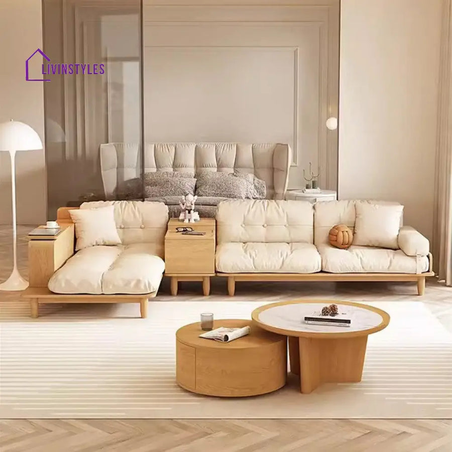 Japandi Solid Wood Sofa With Rotating Armrest Tray and Liftable End Table SOFA