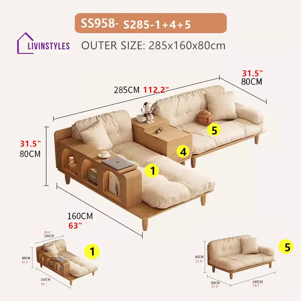 Japandi Solid Wood Sofa With Rotating Armrest Tray and Liftable End Table S285 SOFA