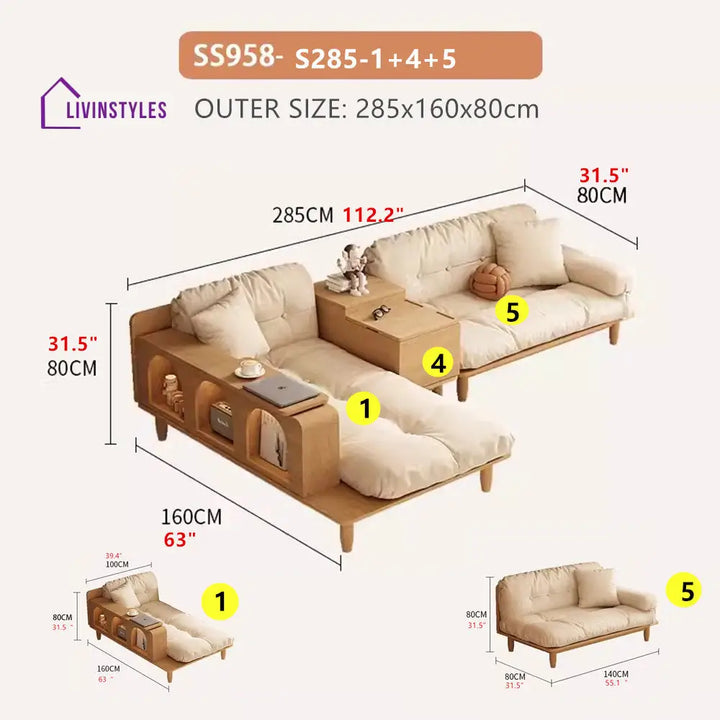 Japandi Solid Wood Sofa With Rotating Armrest Tray and Liftable End Table S285 SOFA