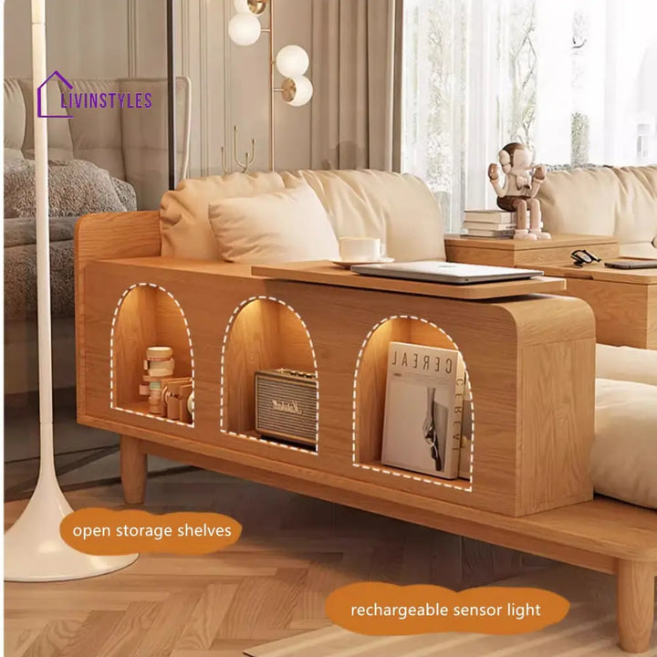 Japandi Solid Wood Sofa With Rotating Armrest Tray and Liftable End Table SOFA