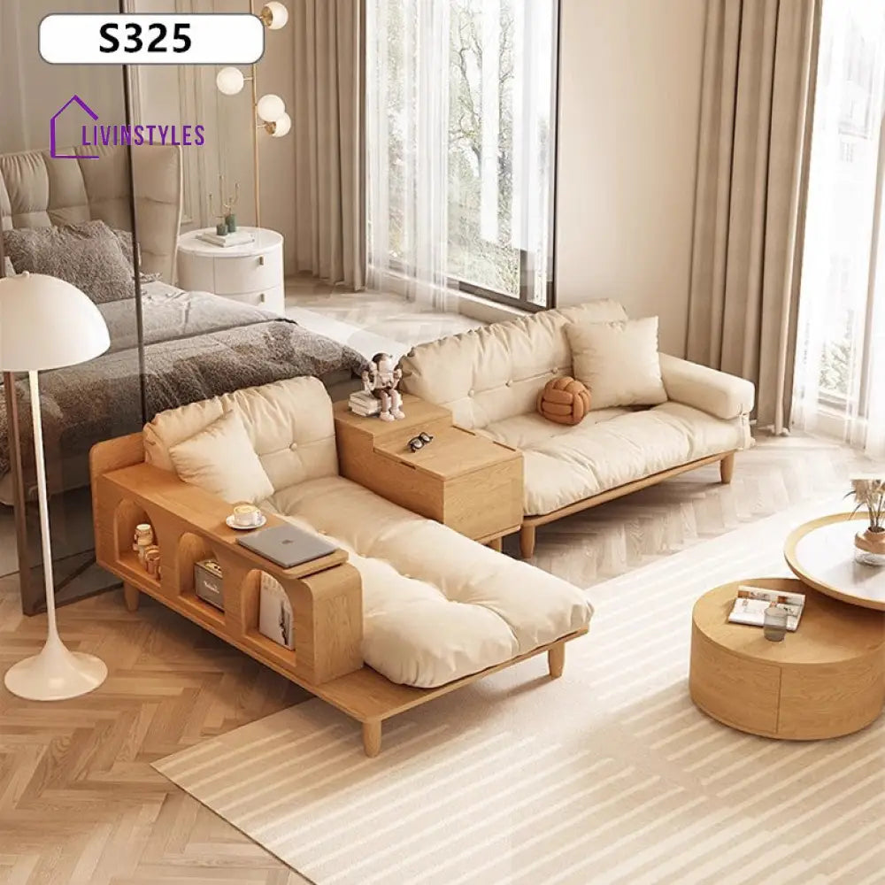 Japandi Solid Wood Sofa With Rotating Armrest Tray and Liftable End Table SOFA