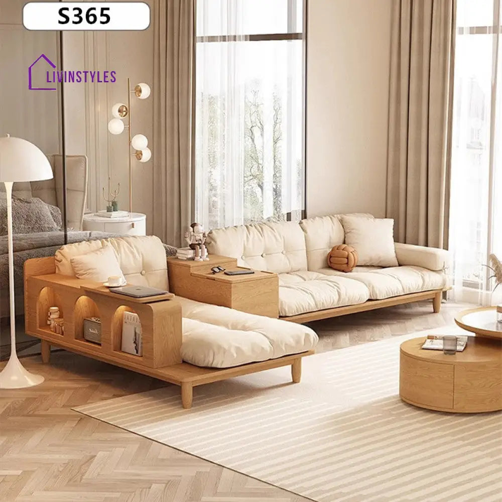 Japandi Solid Wood Sofa With Rotating Armrest Tray and Liftable End Table SOFA