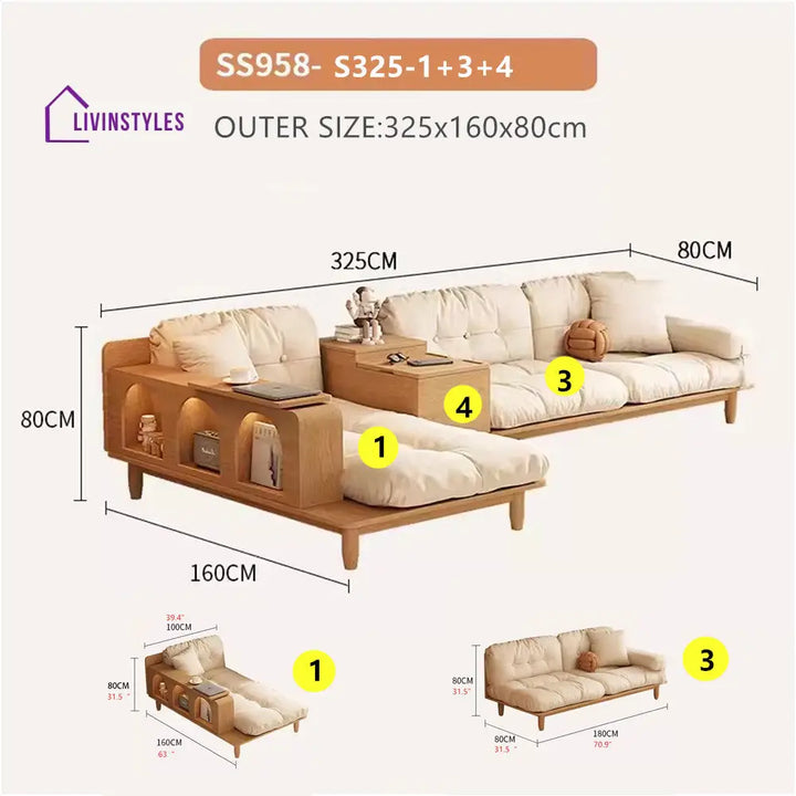 Japandi Solid Wood Sofa With Rotating Armrest Tray and Liftable End Table S325 SOFA