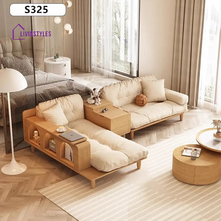 Japandi Solid Wood Sofa With Rotating Armrest Tray and Liftable End Table SOFA