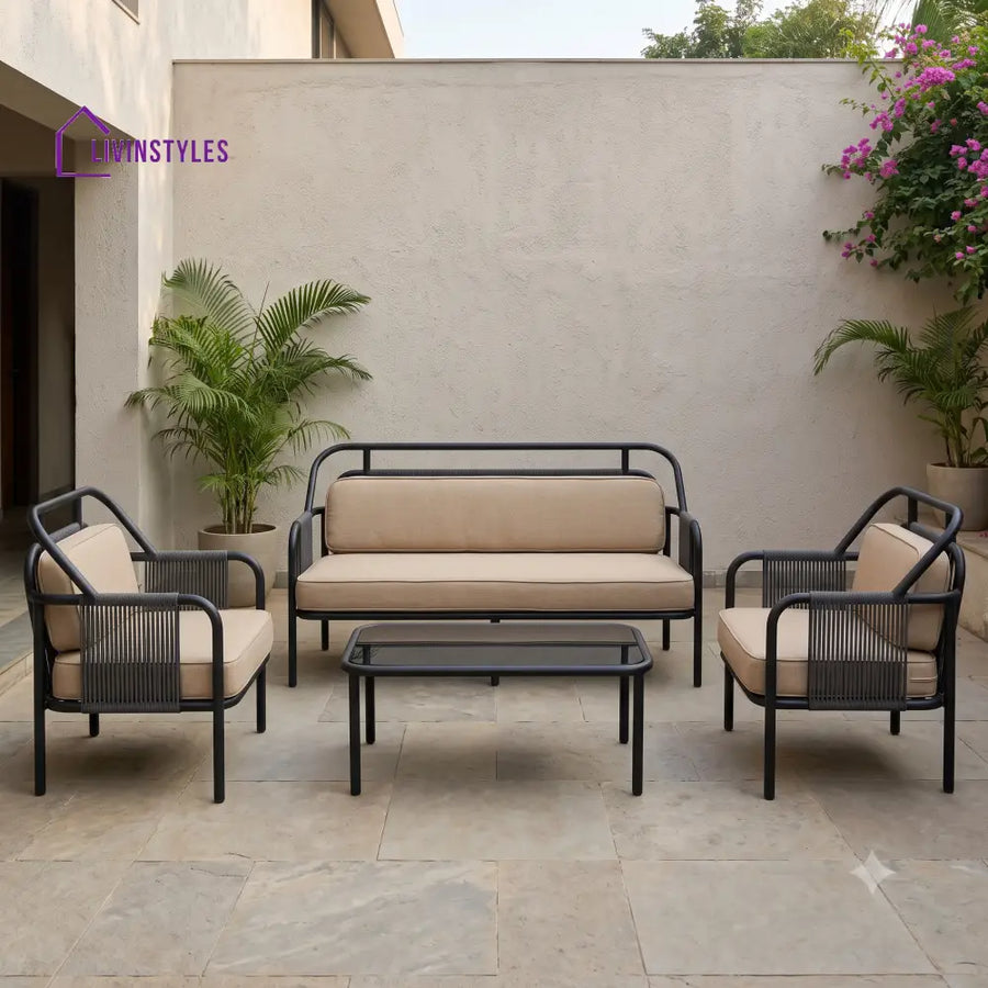 Juliette Metal Frame and Rope Weaving Outdoor Sofa Set 3 + 1 +1 and Coffee Table | Premium Uphostery