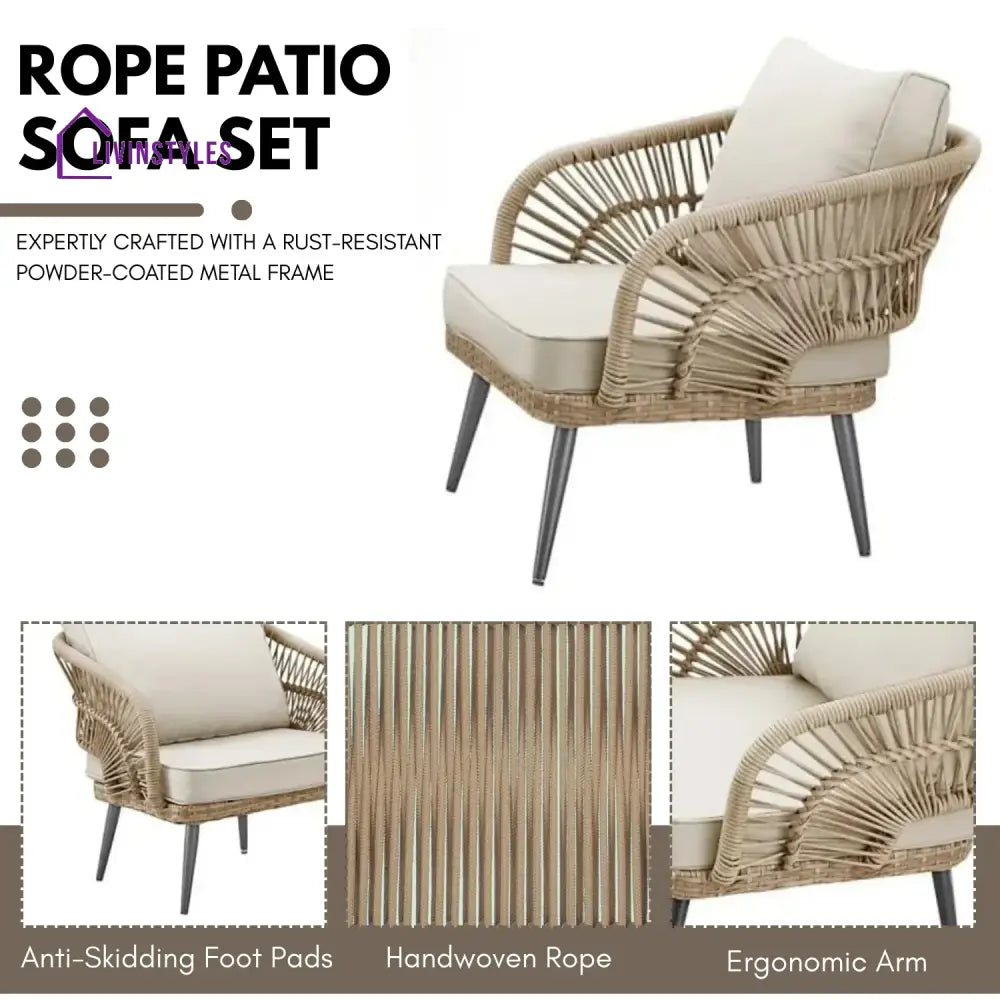 Juno Outdoor Rope Conversation Patio Sofa Set (Beige/Cream) - Sofa Set