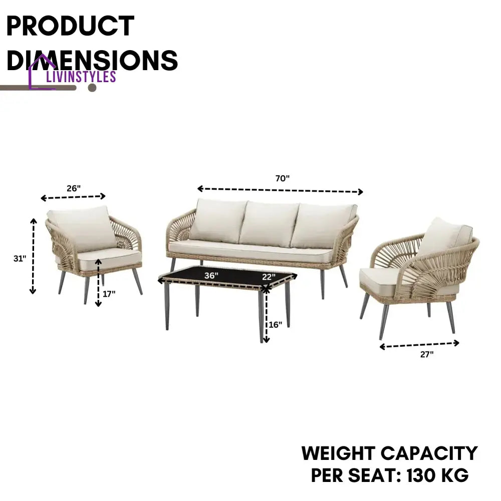 Juno Outdoor Rope Conversation Patio Sofa Set (Beige/Cream) - Sofa Set