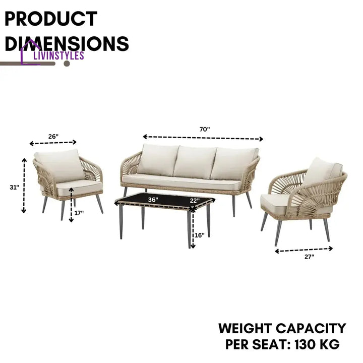 Juno Outdoor Rope Conversation Patio Sofa Set (Beige/Cream) - Sofa Set