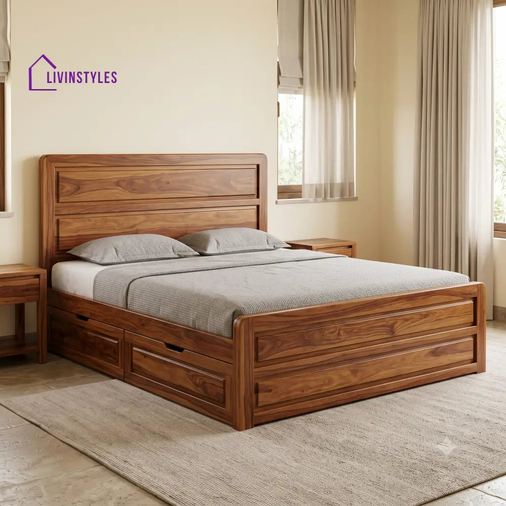 Justine Premium Wooden Bed with Drawer Storage | King Size Bed & Queen Size Bed Online