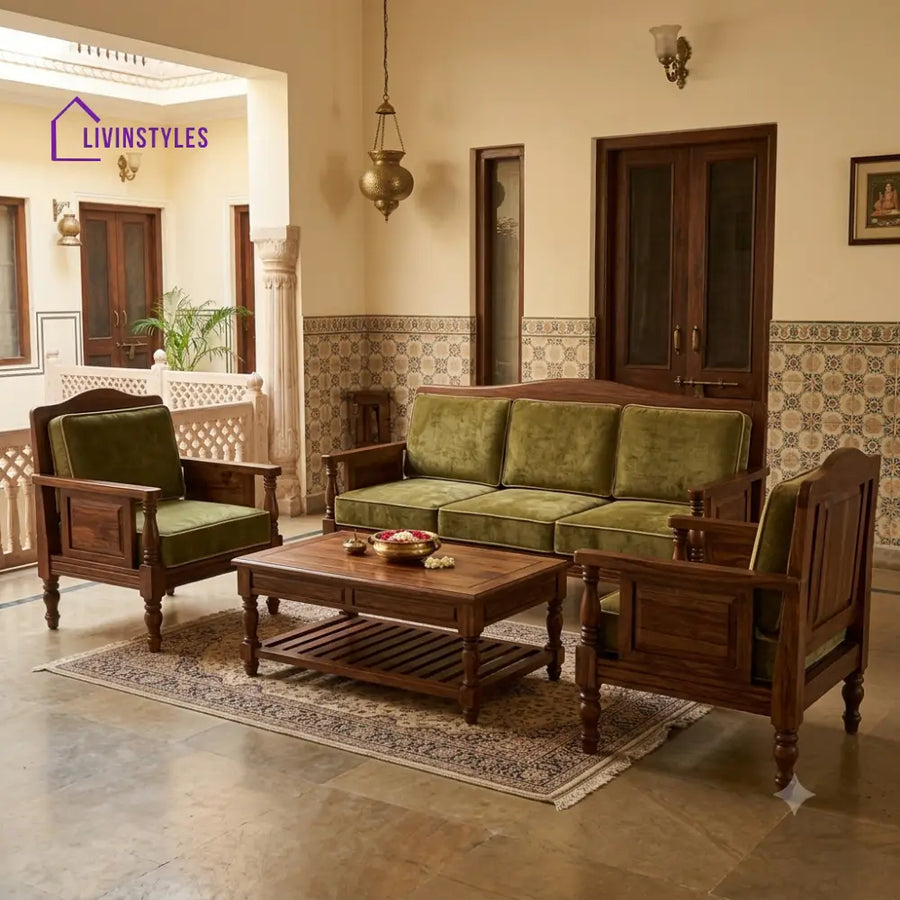 Jyothika Wooden Sofa Set | 3 + 1 + 1 Sheesham Wood Sofa Set for Living Room