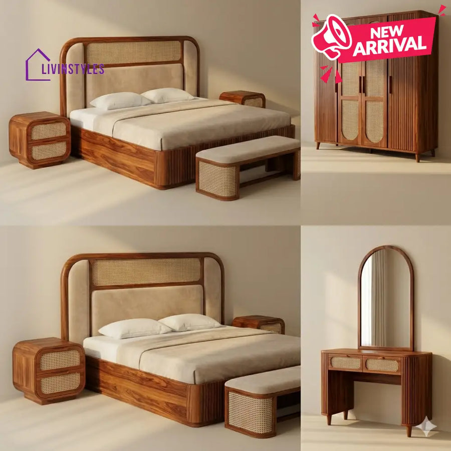 Jyoti Solid Sheesham Wood Bedroom Set with Bed Bedside Tables Bench Wardrobe & Dresser