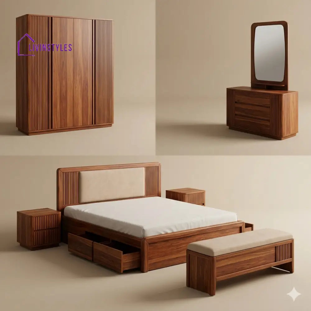 Jyoti Solid Sheesham Wood Bedroom Set with Bed Bedside Tables Bench Wardrobe & Dresser