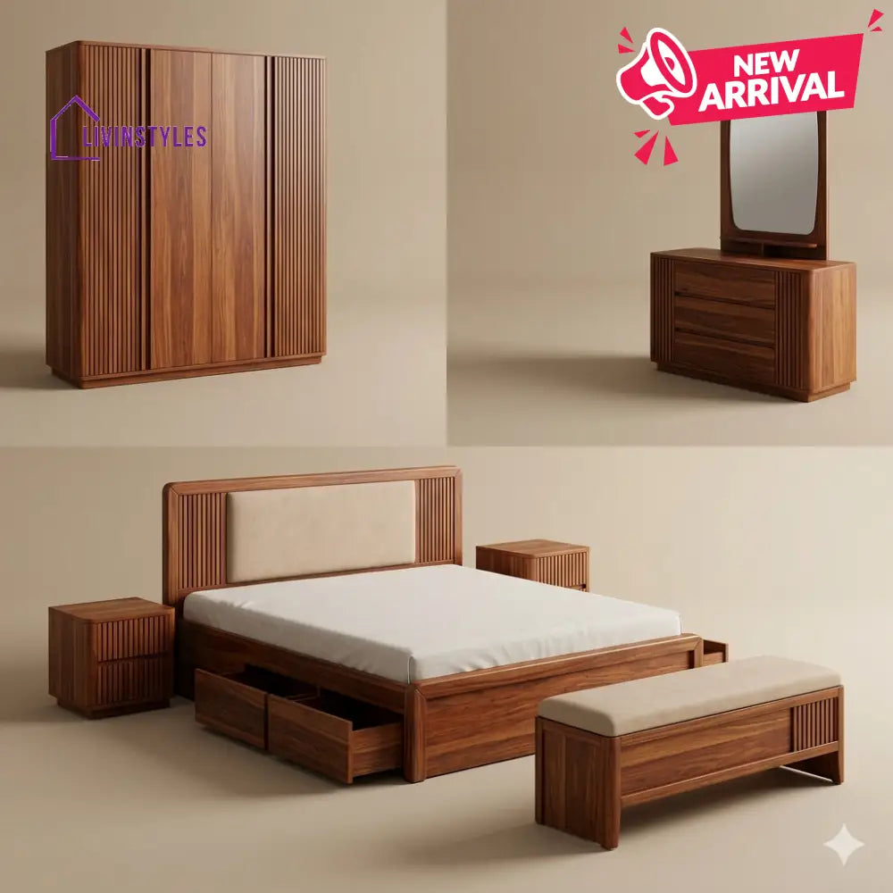 Jyoti Solid Sheesham Wood Bedroom Set with Bed Bedside Tables Bench Wardrobe & Dresser