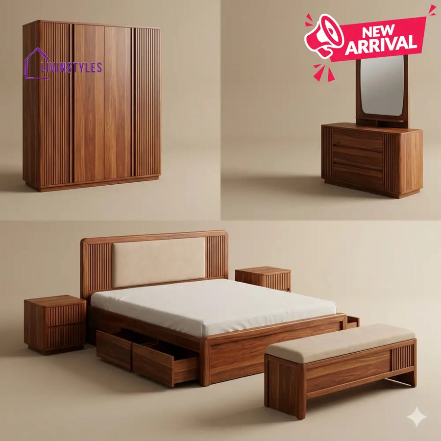 Jyoti Solid Sheesham Wood Bedroom Set with Bed Bedside Tables Bench Wardrobe & Dresser